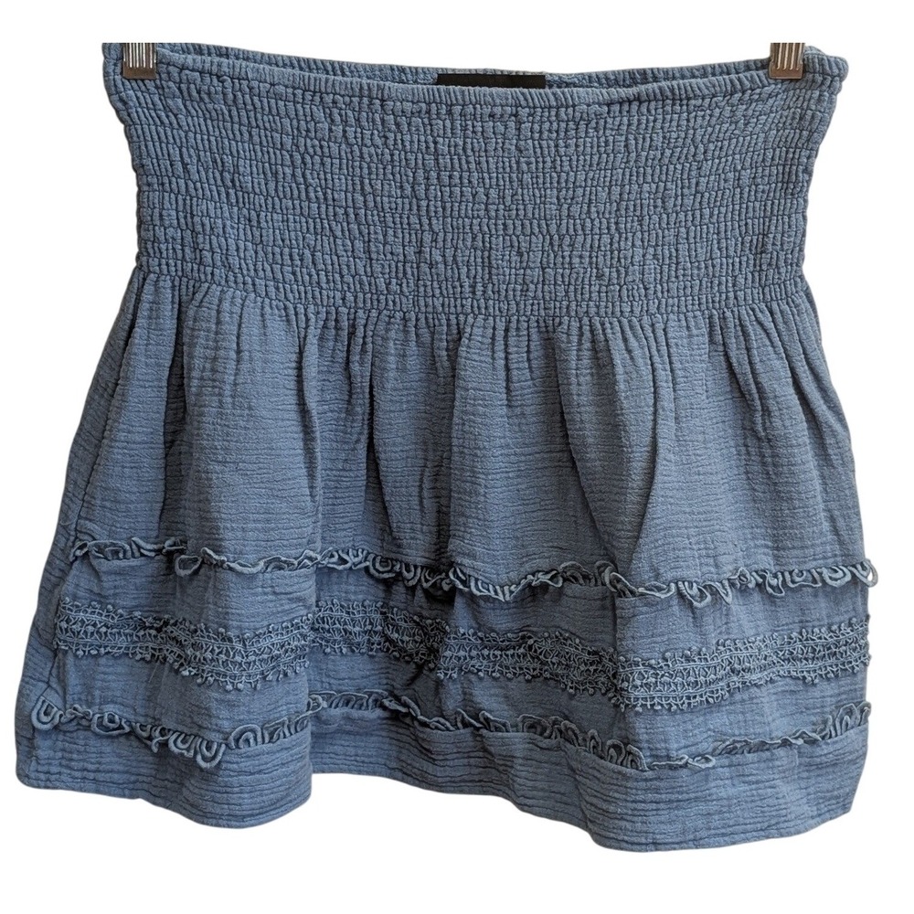 Alice Blue Smocked Waist Mini Skirt Blue Cotton Gauze Crochet Lace Ruffle L Boho - Picture 2 of 9
